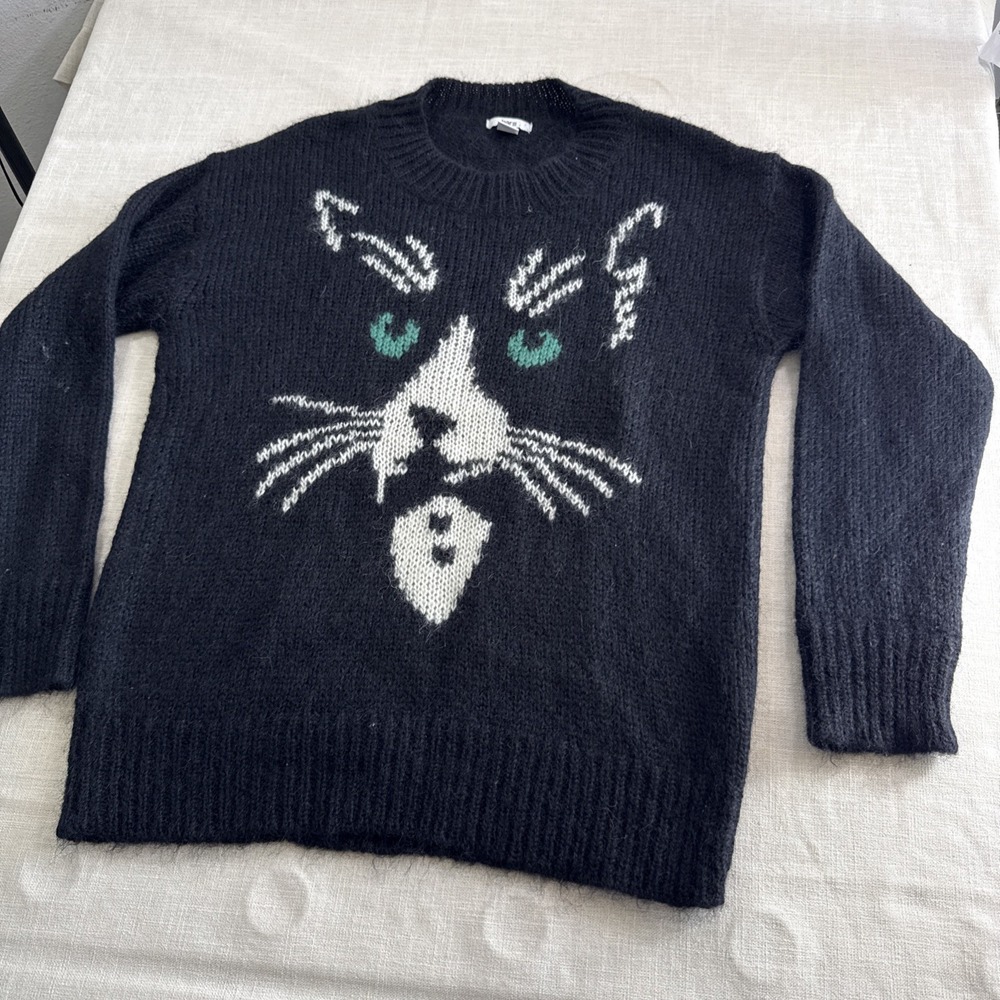 Bar III Tuxedo Cat Sweater‎ Womens L Black Whimsical Animal Graphics Cozy Chic - Picture 4 of 9